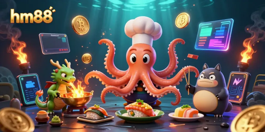 Experience the thrill of hm88 gaming with a vibrant octopus chef, fierce dragon, and dynamic digital assets.