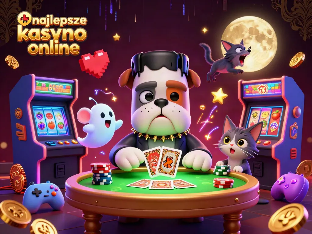 Engage with najlepsze kasyno online while a Frankenstein bulldog deals cards amidst colorful gaming elements.