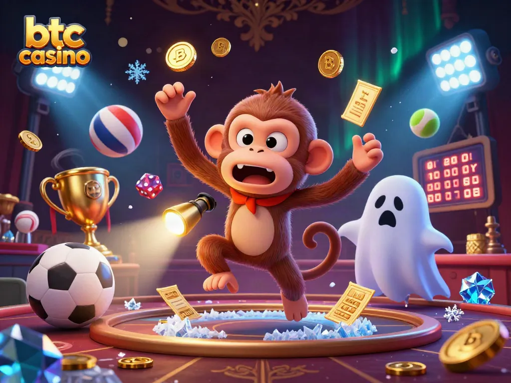 Engage with btc casino excitement featuring a playful poltergeist monkey juggling gold coins and dice in a thrilling casino.