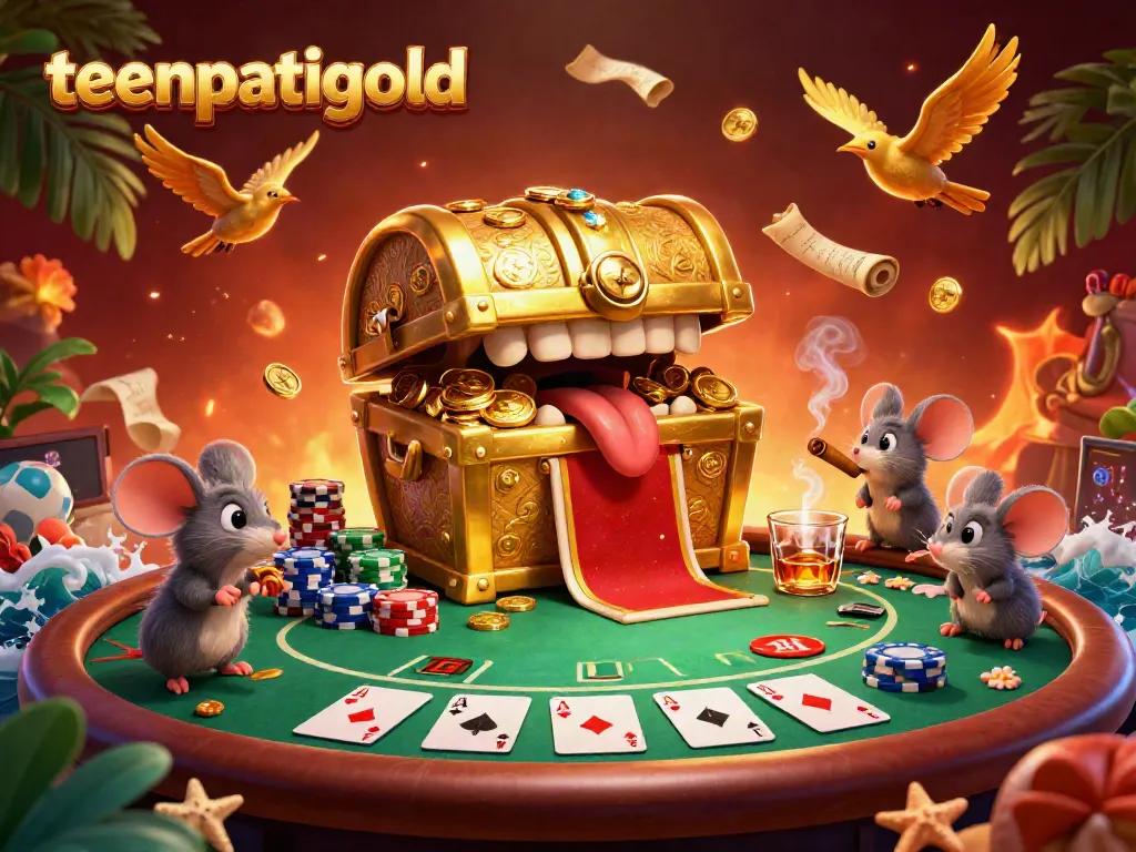 Experience the thrill of teenpatiigold with a captivating poker scene featuring golden treasure and vibrant casino atmosphere.