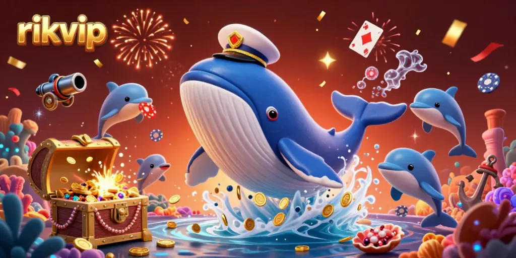 Experience the thrills of rikvip with cartoon whale and dolphins amidst golden coins and festive decorations.