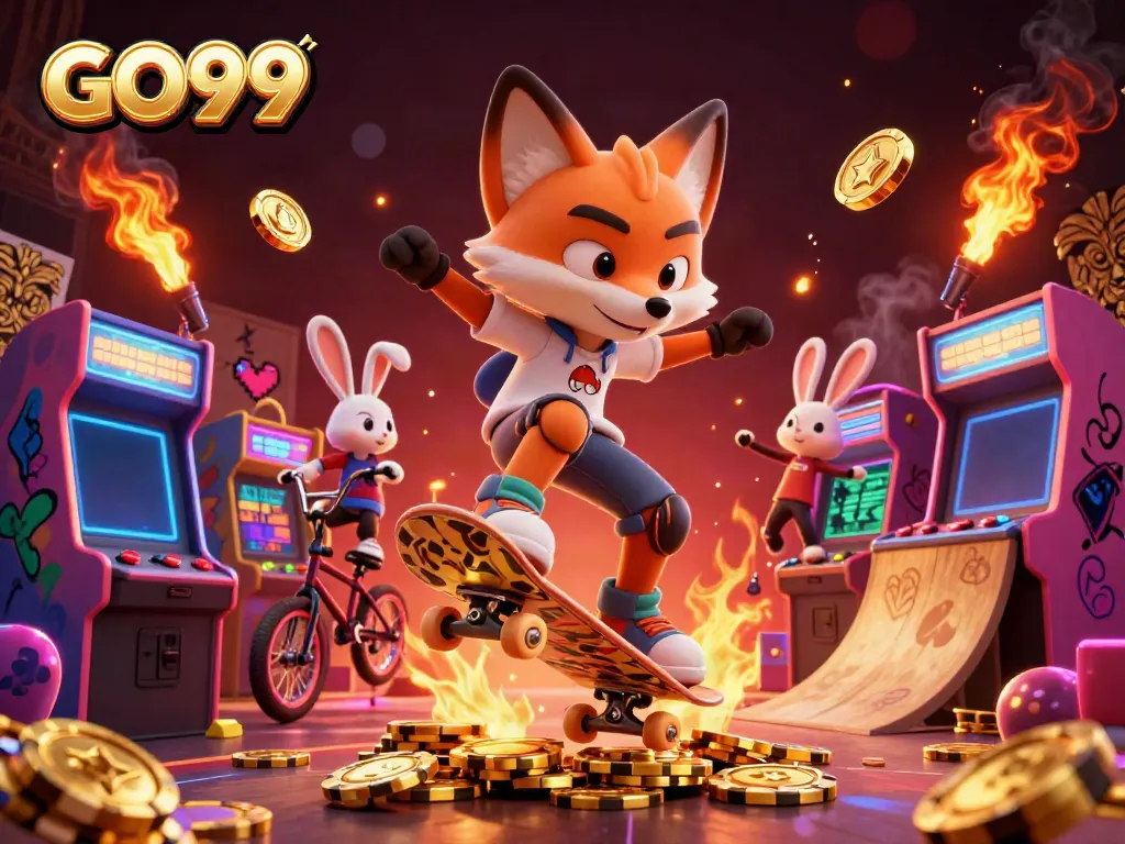 Experience excitement in GO99's vibrant casino scene featuring animated characters and game elements.
