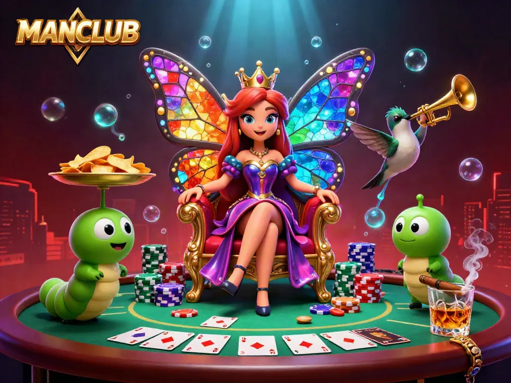 Engage with MANCLUB's vibrant and intricate casino scene featuring a queen, poker elements, and glowing effects.