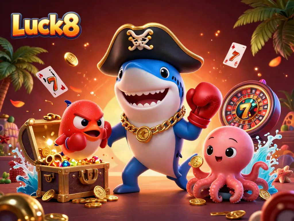 Immerse in Luck8's vibrant casino world with a playful shark, pufferfish, and octopus in a treasure-filled underwater scene.