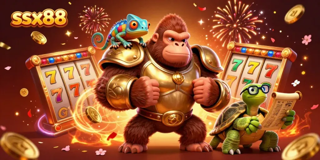 Engage with the thrilling world of ssx88, where a 3D gorilla king and friends celebrate winning at casino games.