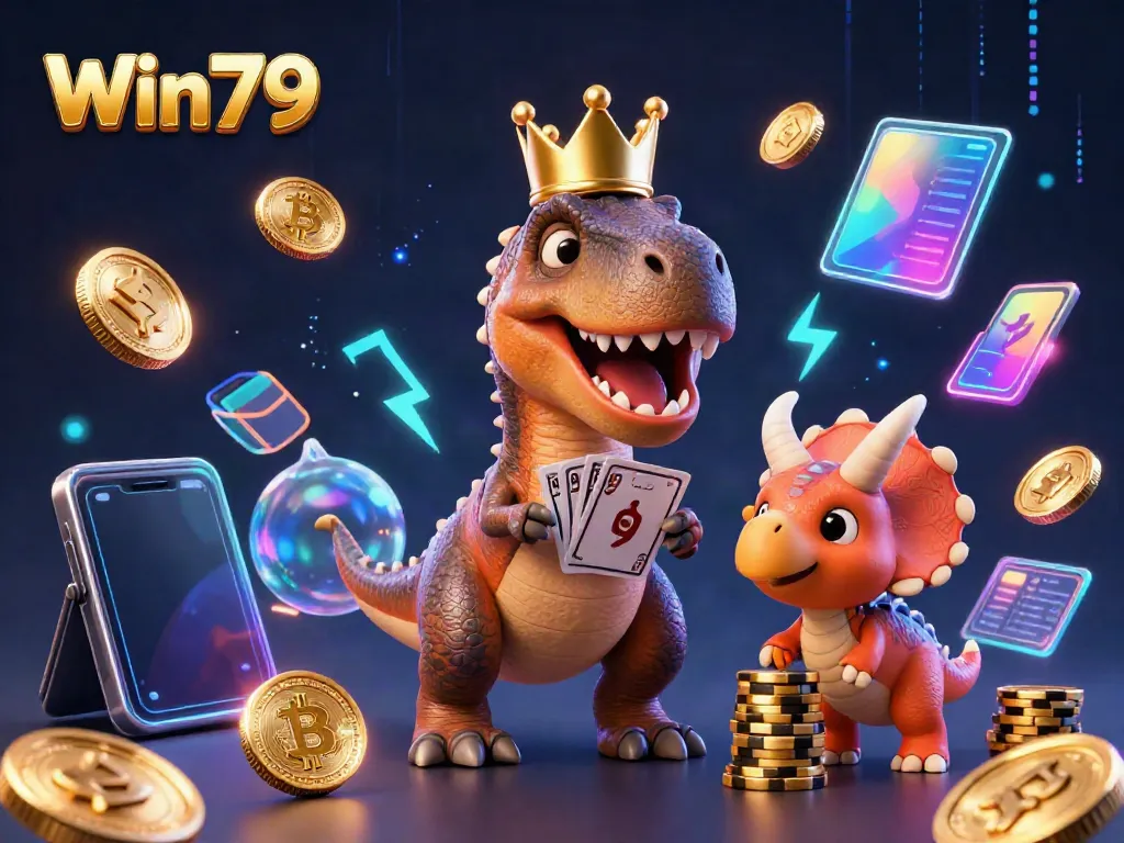 Win79 promotes exciting gameplay as a colorful T-Rex struggles to shuffle cards with a pterodactyl's help and a triceratops stacks chips.