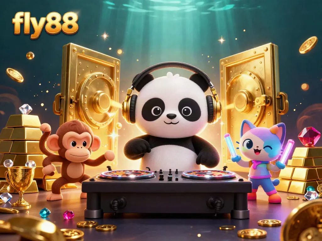 Experience the excitement of fly88 with a vibrant 3D scene showcasing a DJ panda and captivating casino elements.
