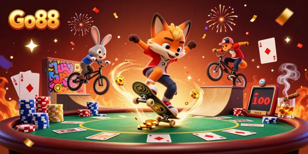 Experience Go88's vibrant gaming with a skateboarder fox and BMX rabbit in a thrilling casino scene.