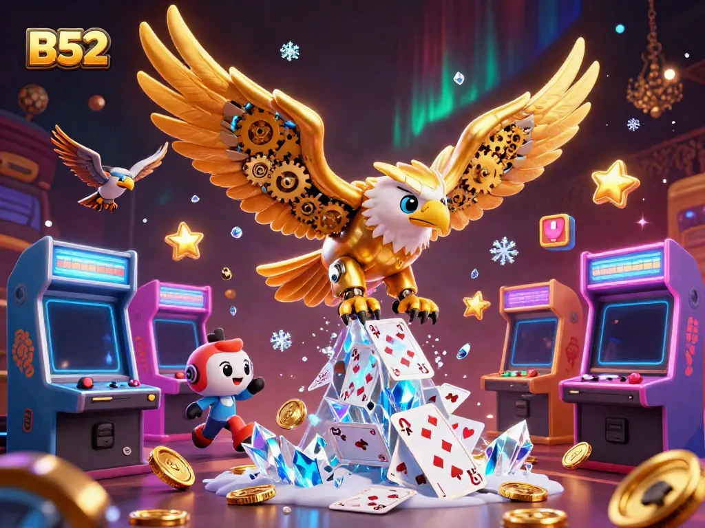 Engaging B52 casino scene featuring a golden eagle intertwining with holographic cards and game machines.