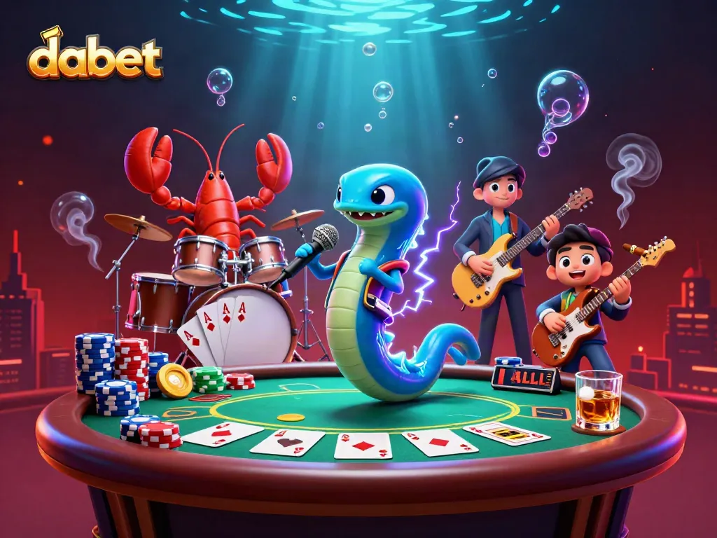 Dabet enhances gameplay with vibrant, electrifying 3D casino illustration showcasing a performing electric eel alongside a lobster drummer and seahorse guitarist.