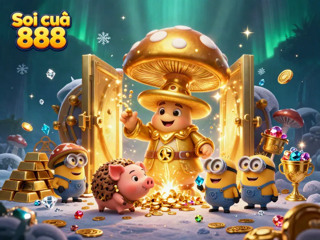 Soi cầu 888 showcases a captivating scene of a golden mushroom wizard, treasure, and magical elements.
