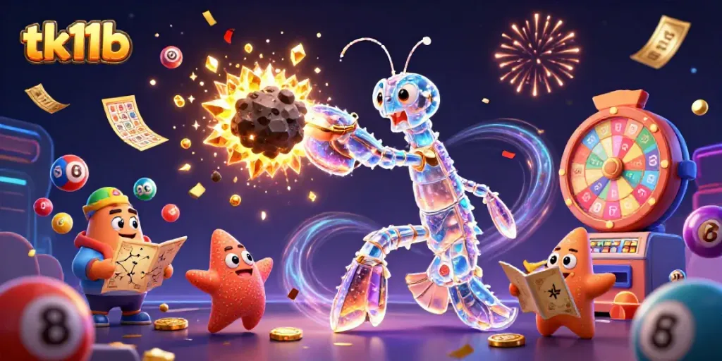 Experience thrilling games and rewards at tk11b, featuring an energetic 3D casino scene with vibrant lottery elements.