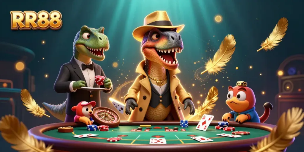 Experience the thrilling RR88 casino atmosphere with cartoon dinosaurs at the blackjack table.
