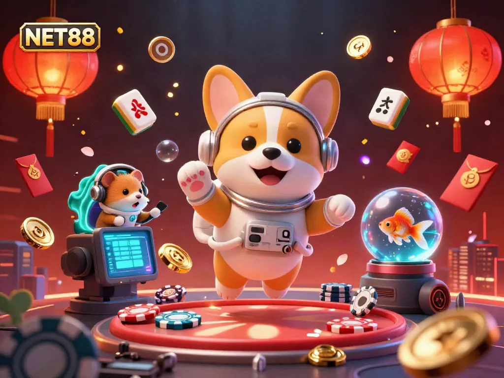 Experience the excitement of NET88 with vibrant 3D animated characters in a floating casino scene.