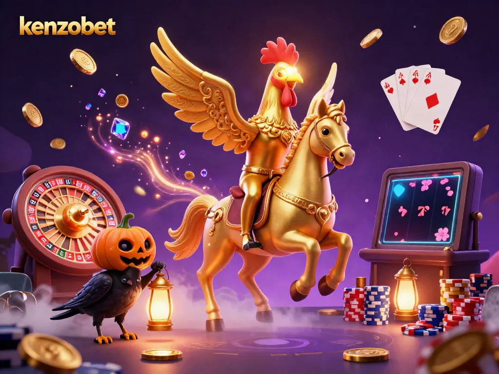Experience the excitement at kenzobet with this vivid casino scene featuring a golden rooster and dynamic gaming elements.