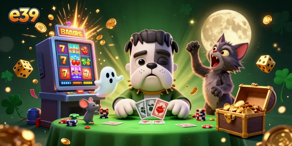 e39 themed casino illustration featuring a cartoon bulldog dealer and a ghost mouse at a glowing table.