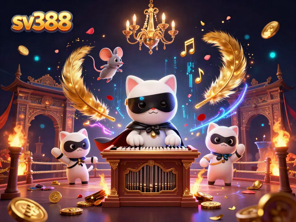 Experience the excitement of sv388 cockfighting action with a lively cat character and dynamic musical elements.