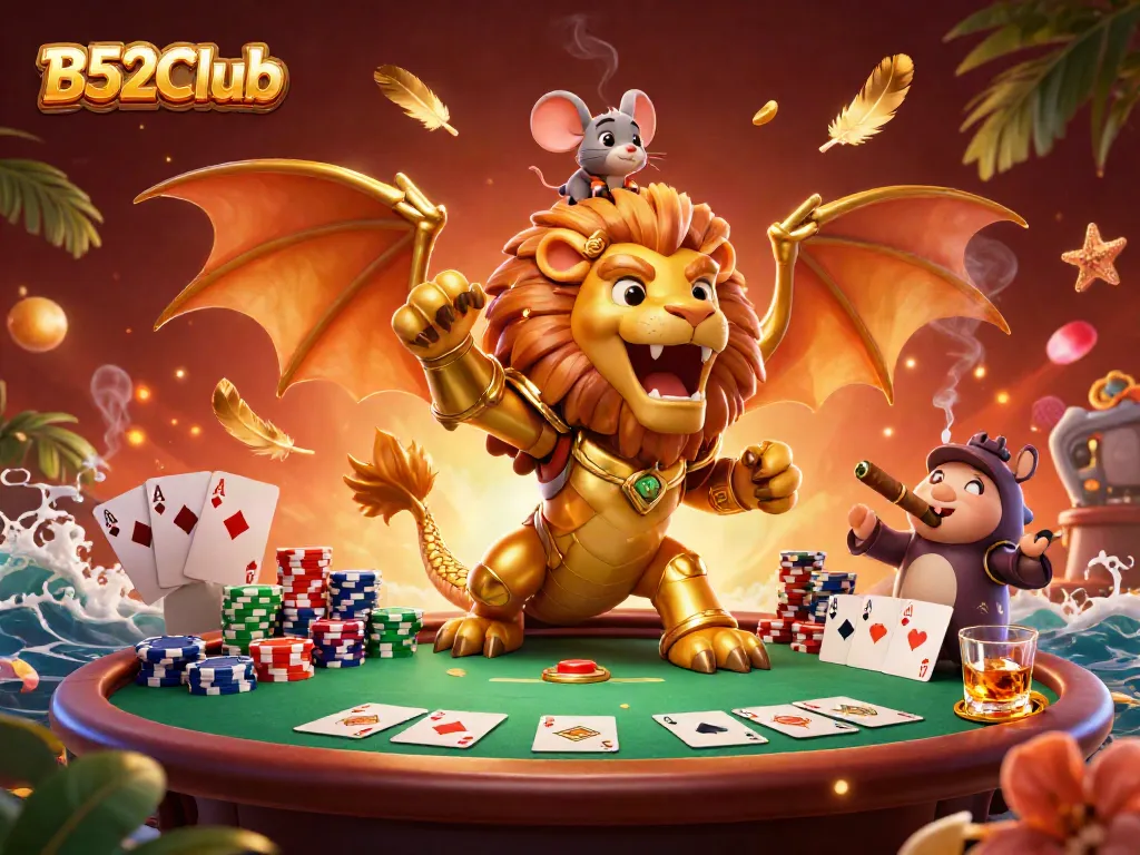 Experience the thrill of B52Club with this vibrant 3D illustration of a majestic chimera and poker elements.