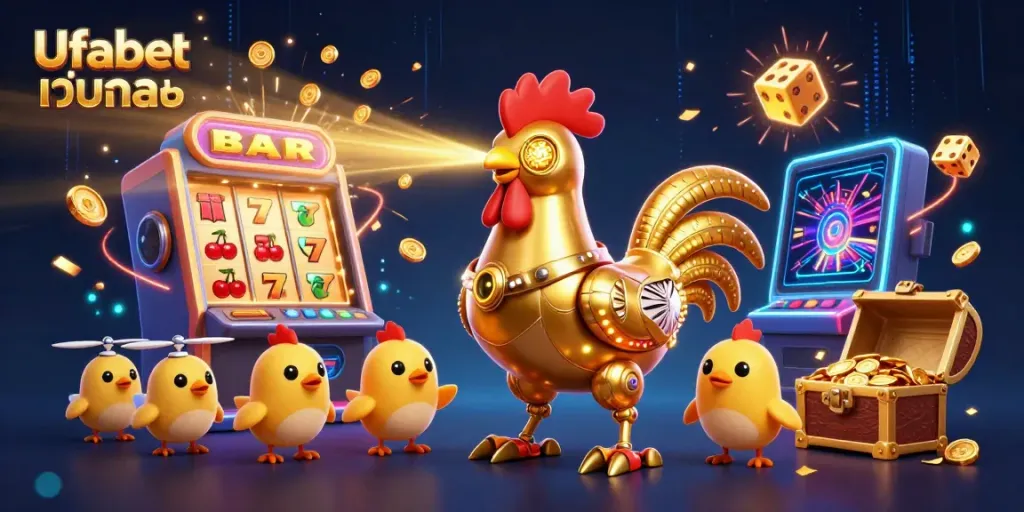 Engaging illustration showcasing Ufabet เว็บตรง with a golden rooster robot and fun gaming elements, perfect for online casino enthusiasts.