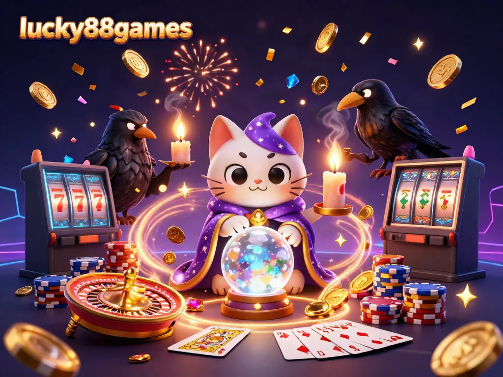 Experience the thrill of lucky88games with a vibrant 3D casino scene depicting a fortune teller cat and a tarot raven.
