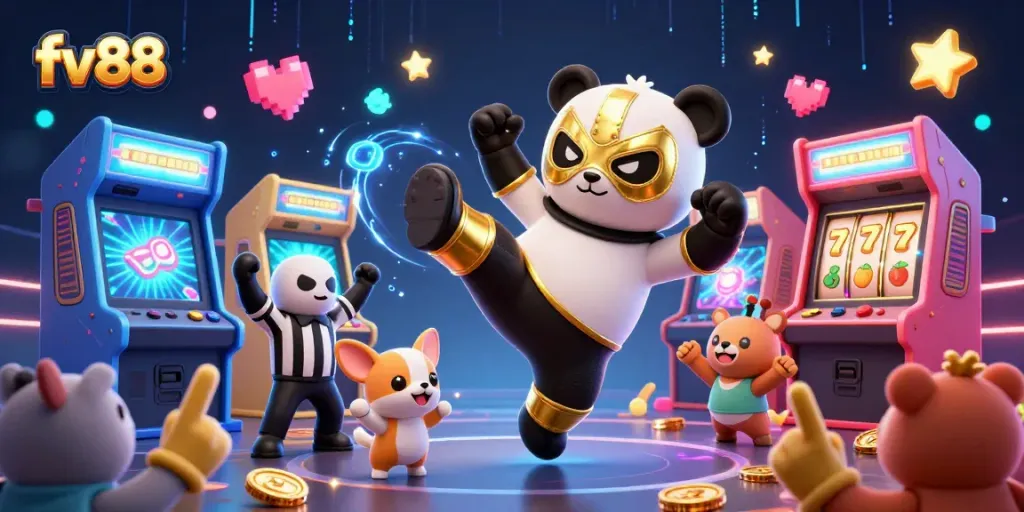 Experience high-energy action with fv88 in a vibrant casino scene featuring a wrestling panda and cheering spectators.