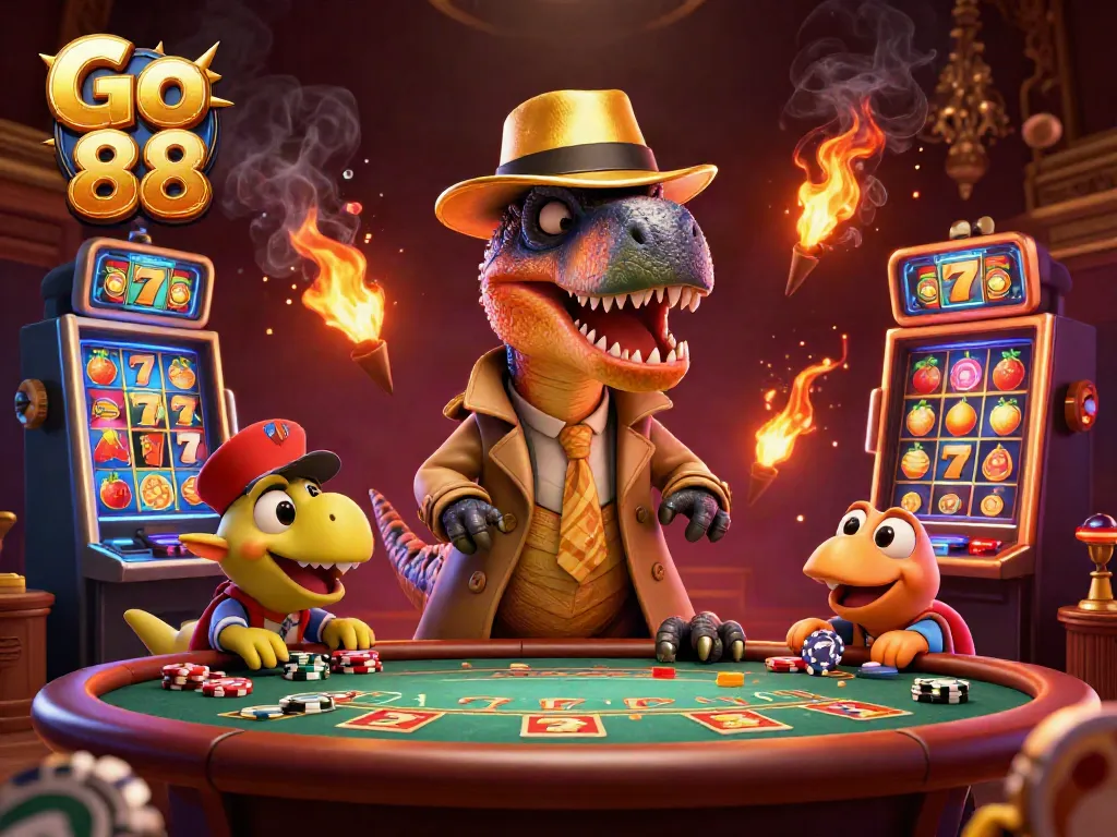 Go 88 casino scene featuring a sneaky velociraptor and a stegosaurus amidst colorful slot machines
