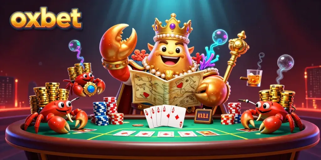Experience thrilling action at Oxbet with a royal crab emperor amidst vibrant poker elements.