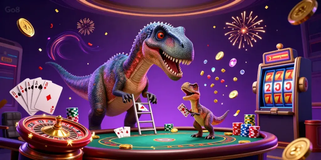 Experience the Go8 casino thrill with a towering brontosaurus observing a vibrant poker game, surrounded by flying coins and celebratory elements.