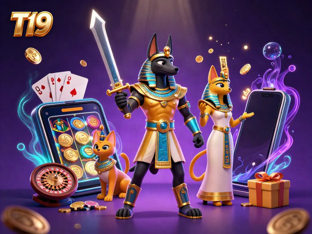 Experience T19 as Anubis and Bastet amidst vibrant casino games and golden treasures.