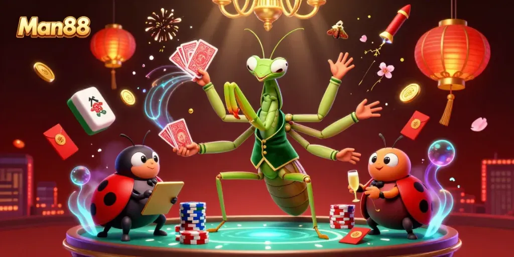 Engage in exciting gameplay at Man88 with vibrant 3D casino elements and lively characters.