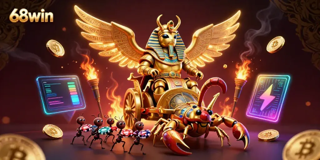 Engage with 68win's vibrant casino experience featuring a golden scarab beetle and scorpion chariot in action.