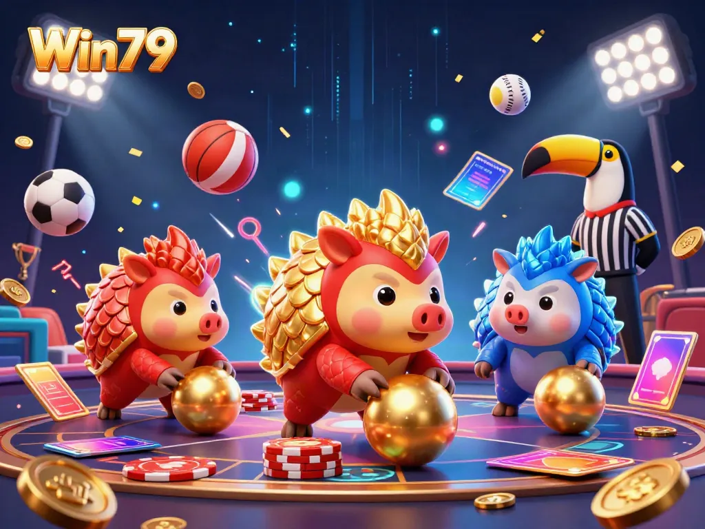 Win79 game illustration with rival pangolins competing in a vibrant casino scene.