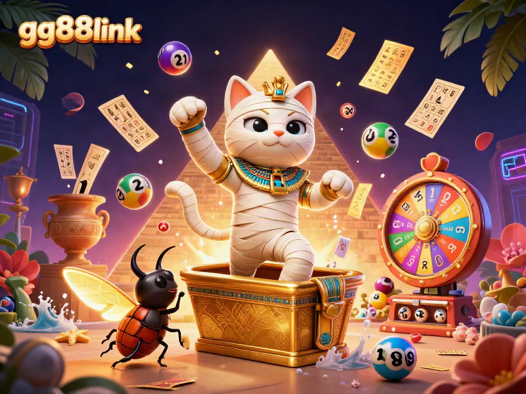 Join the fun at gg88link with vibrant lottery balls and a magical mummy cat bursting from a sarcophagus.
