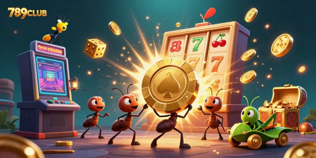 Experience the excitement of 789CLUB with a dynamic heist scene featuring cartoon ants, golden poker chips, and casino elements.