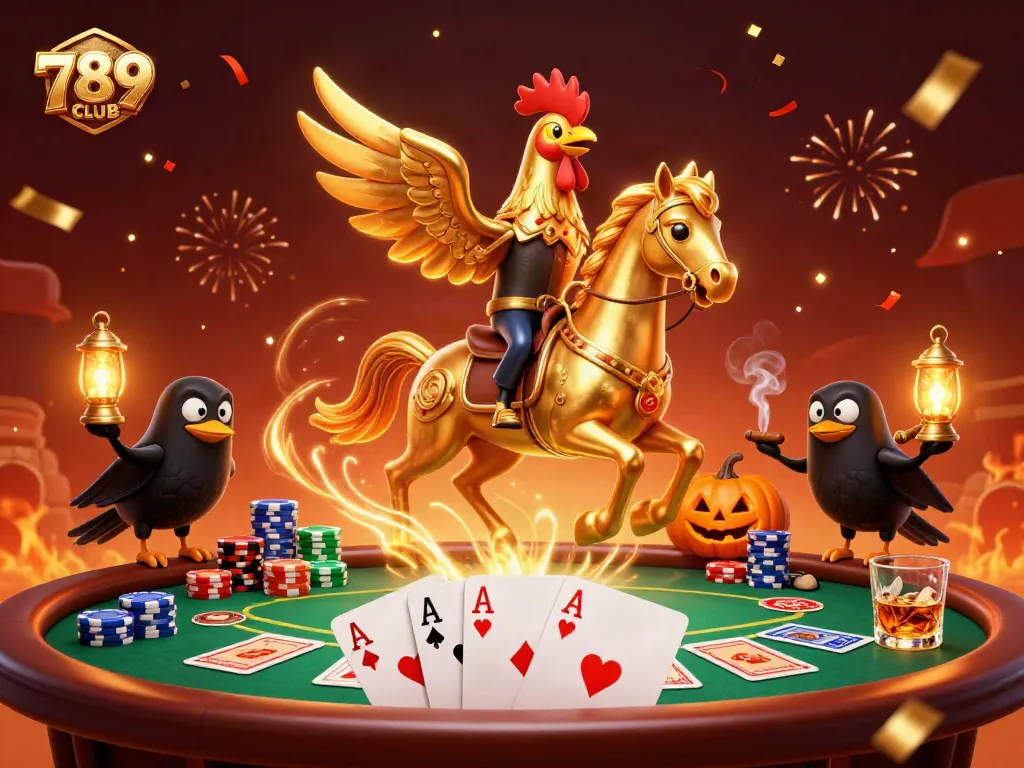 Immerse in the dynamic world of 789CLUB as a golden rooster and companions navigate a vibrant casino scene.