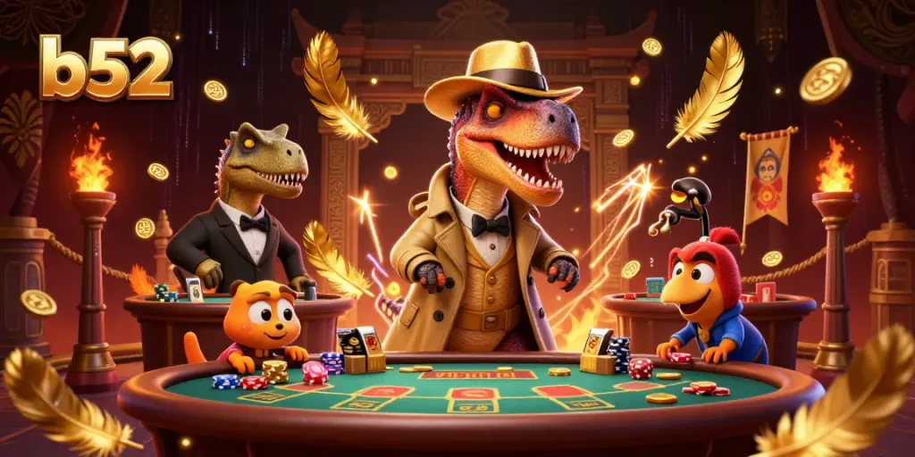 Engaging b52 scene showing a velociraptor card counter at a blackjack table with exotic characters.
