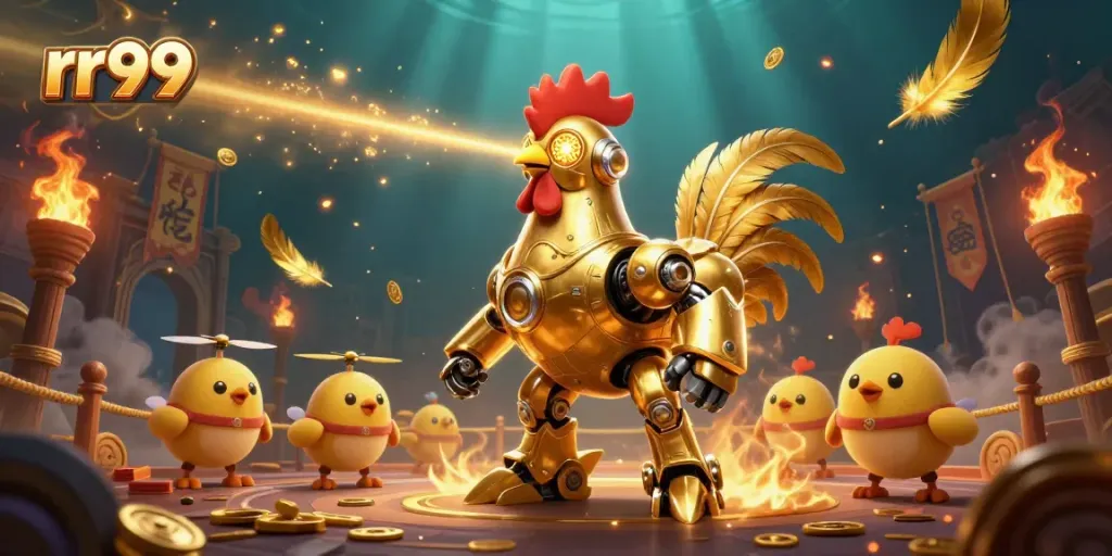 Experience thrilling gameplay at rr99 with an exciting illustration of a golden rooster robot and baby chick drones.