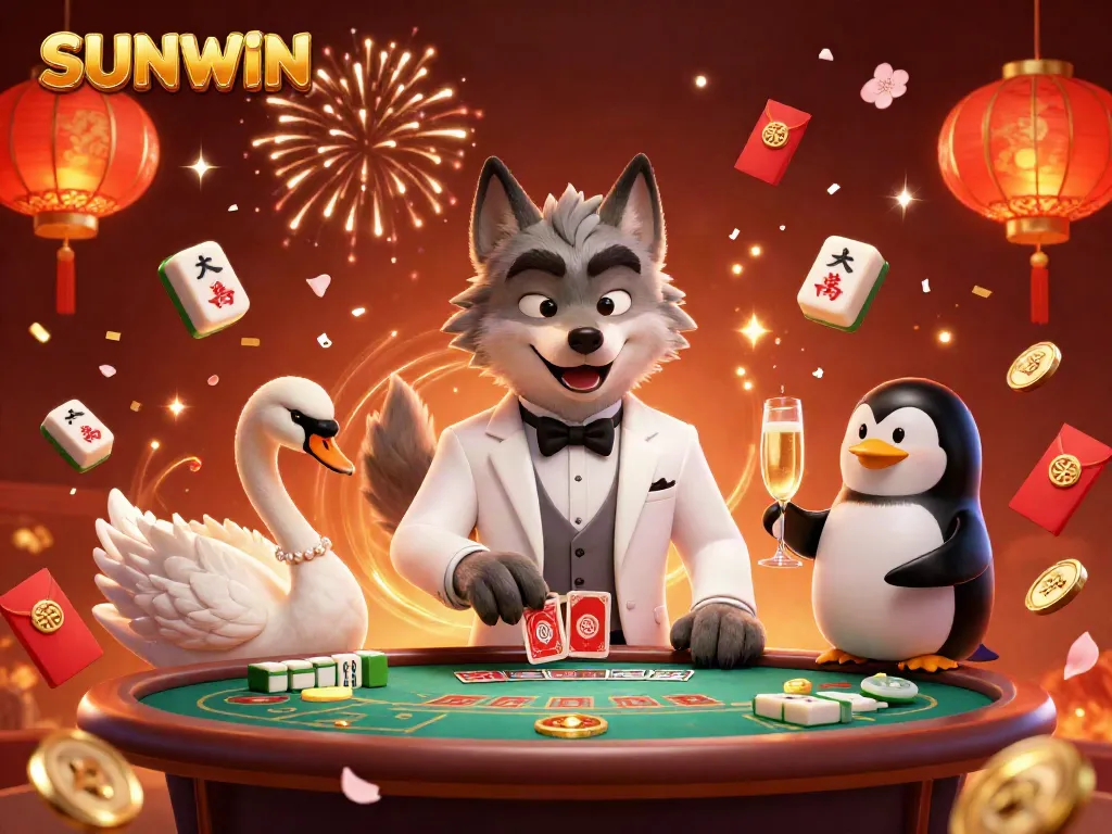 Experience the excitement at SUNWIN with a lively casino scene featuring a stylish wolf, elegant swan, and sophisticated penguin.