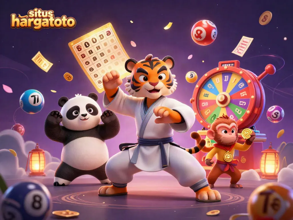 Engage with exciting games on situs hargatoto, showcasing a vibrant scene of characters with lottery elements.