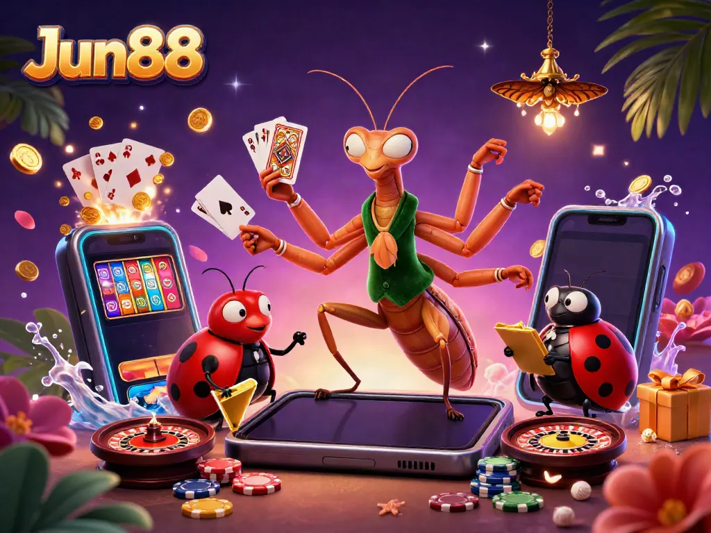 Experience thrilling gameplay at Jun88 with a vibrant casino scene featuring slot games and dynamic characters.
