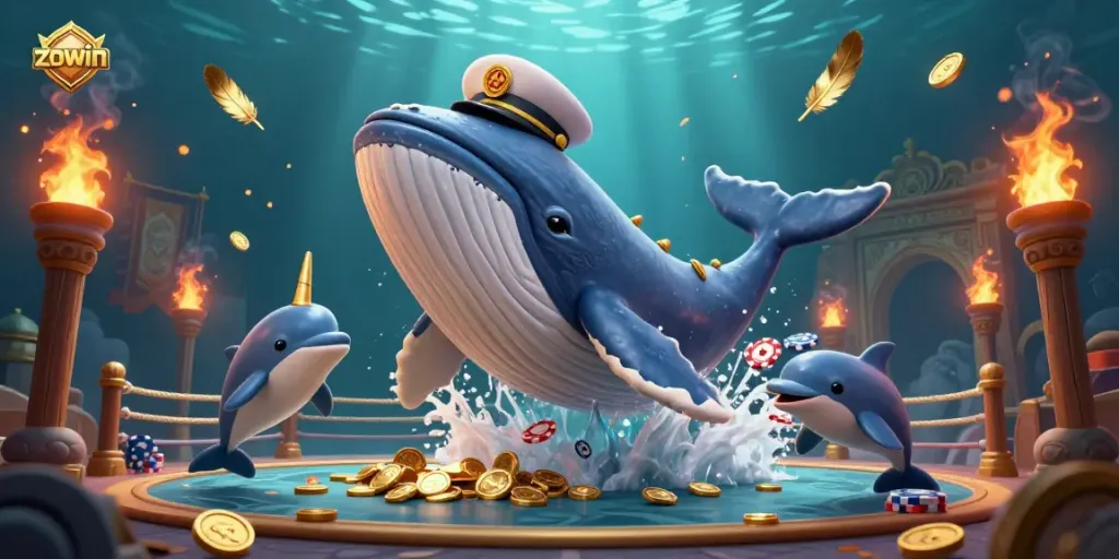 Zowin casino illustration showcasing a grand whale and narwhal among poker chips and gold coins.