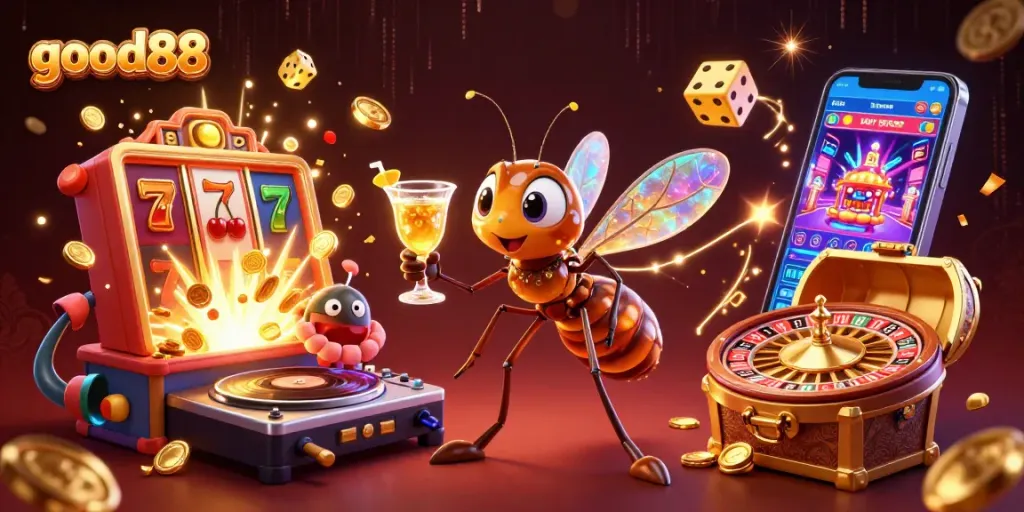 Experience exhilarating wins with good88's vibrant 3D casino gaming art, showcased with thrilling characters and dynamic elements.
