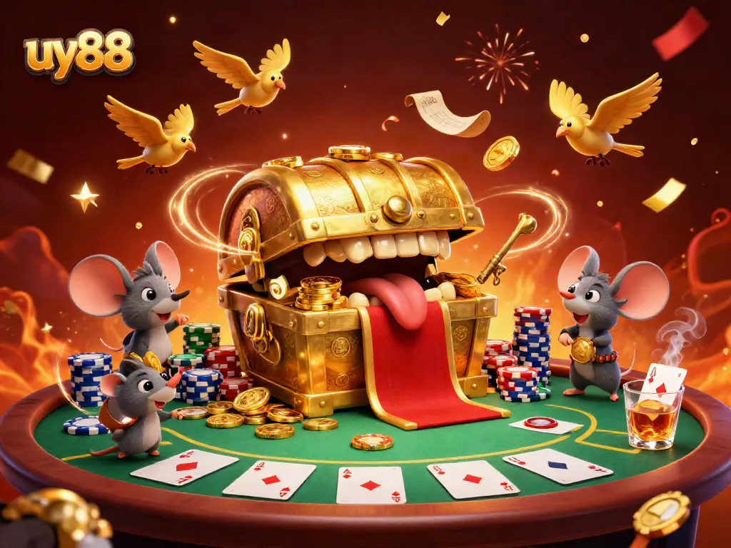 Experience thrilling gaming action with uy88 in this vibrant, treasure-filled casino scene.