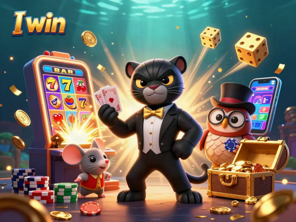 Win big at I win casino with a stylish black panther dealer, poker chips, and jackpots.