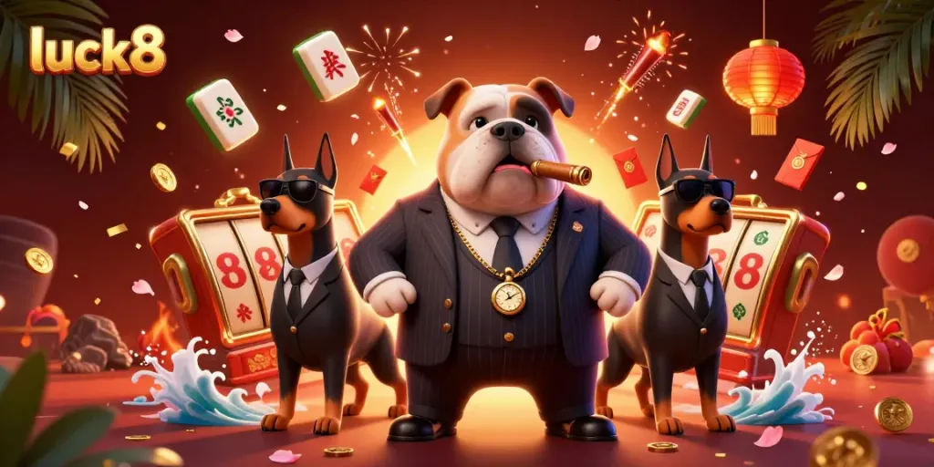 Engaging scene with luck8 mascot, a bulldog mafia boss, amidst exciting slot game elements and festive decorations.