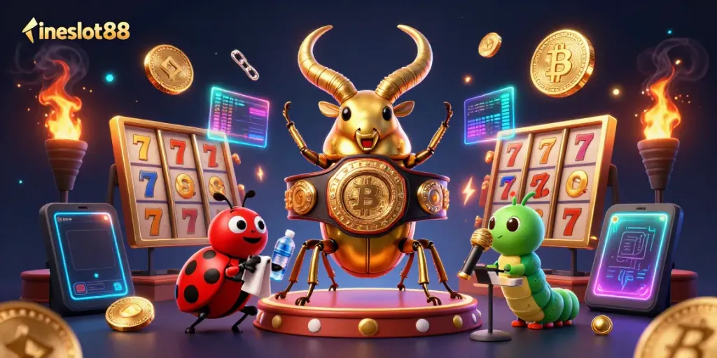 Engage with lineslot88 through a vibrant casino scene featuring a champion beetle and ladybug.
