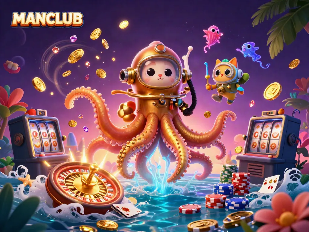 Engage in thrilling casino adventures with MANCLUB's kraken, diving cat, and sparkling treasures.