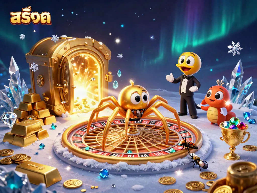 Bet on สล็อต with a golden spider spinning a roulette web, and treasures scattered around.