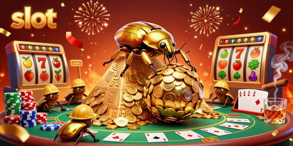 Experience thrilling slot gameplay with golden beetles and vibrant casino symbols in this dynamic illustration.
