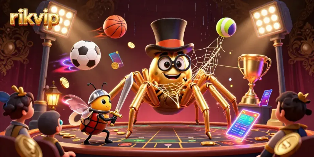 Engage with exciting rikvip casino adventures featuring a golden tarantula and beetle knight in a lively, dynamic atmosphere.